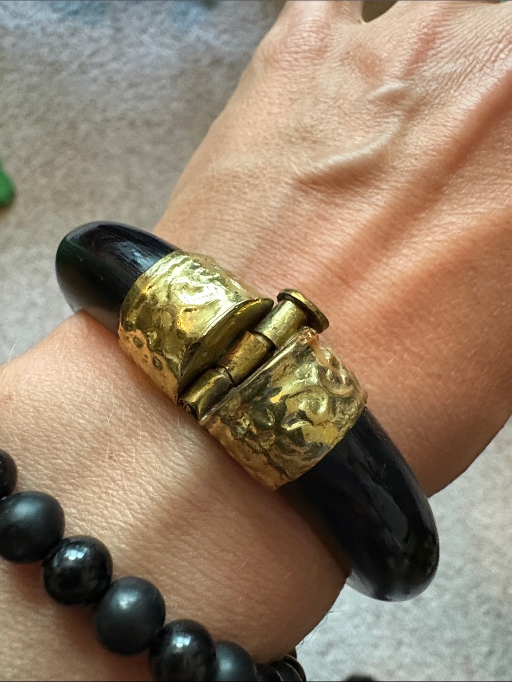 Black Natural Animal Horn Bangle Bracelet with Hammered Gold-Tone Bronze Hinge
